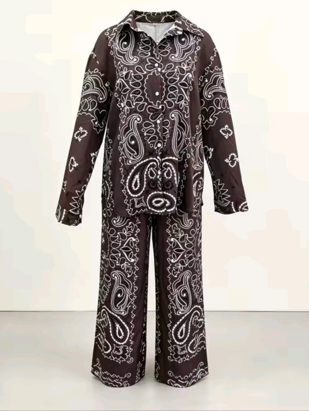 Ethnic Style Printing Shirt 2 Pieces Set Women Full Sleeves Single Breasted - Picture 3 of 5